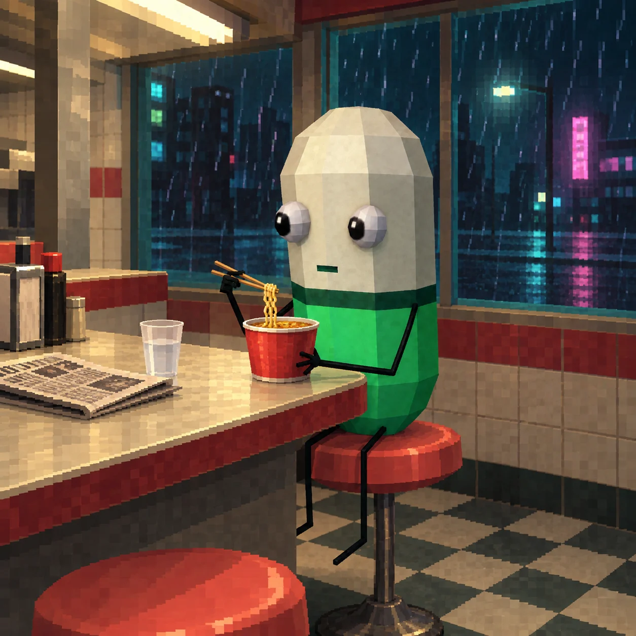 Pilko eating instant noodles alone at a late-night diner